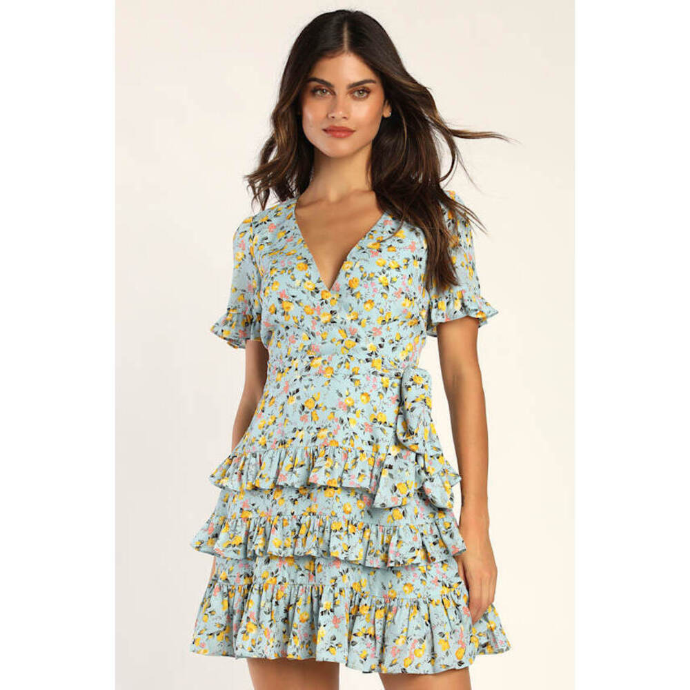 Lulus Feeling Butterflies Light Blue Floral Tiered Ruffle Mini Dress - Size M
